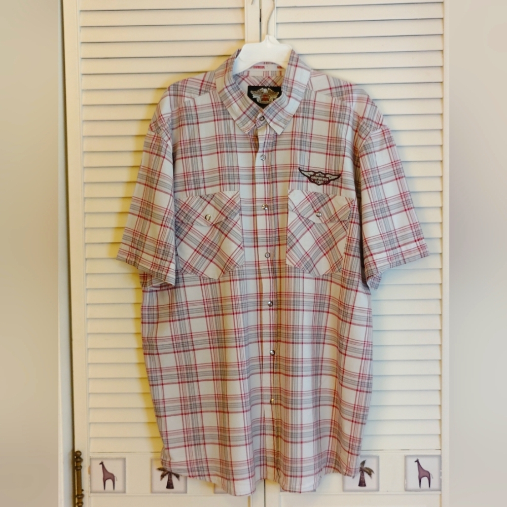 Harley-Davidson Red and Gray Plaid Snap Closure Shirt